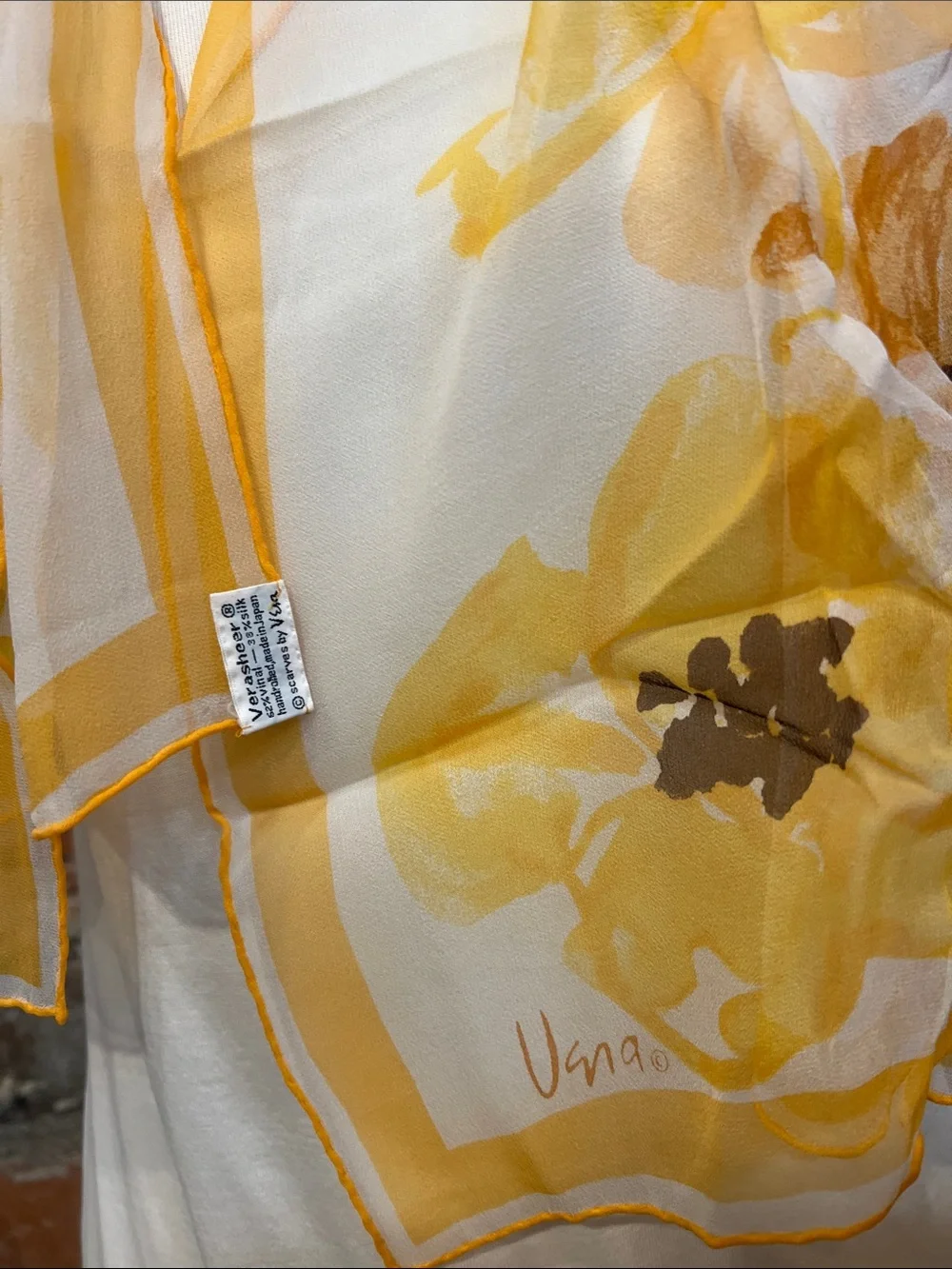 Vintage Vera Neumann Yellows, apricots & touch of brown Sheer scarf 42” x 13”